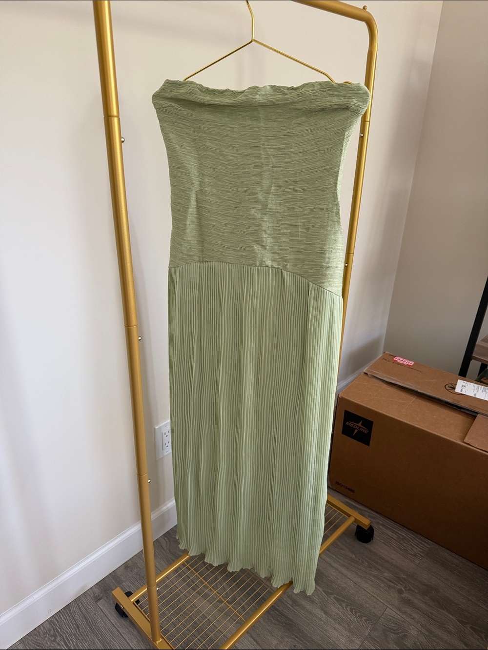 Strapless Pleated Midi Dress in Sage Green